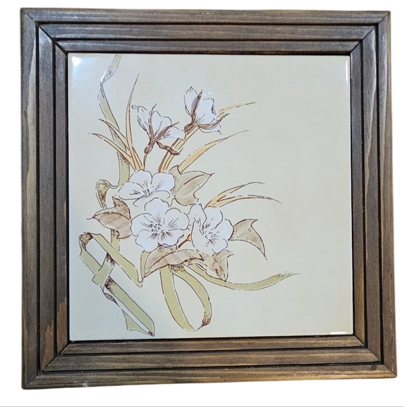 Vintage Set of 2 Handmade Wood & Tile Floral Trivets - Picture 3 of 8